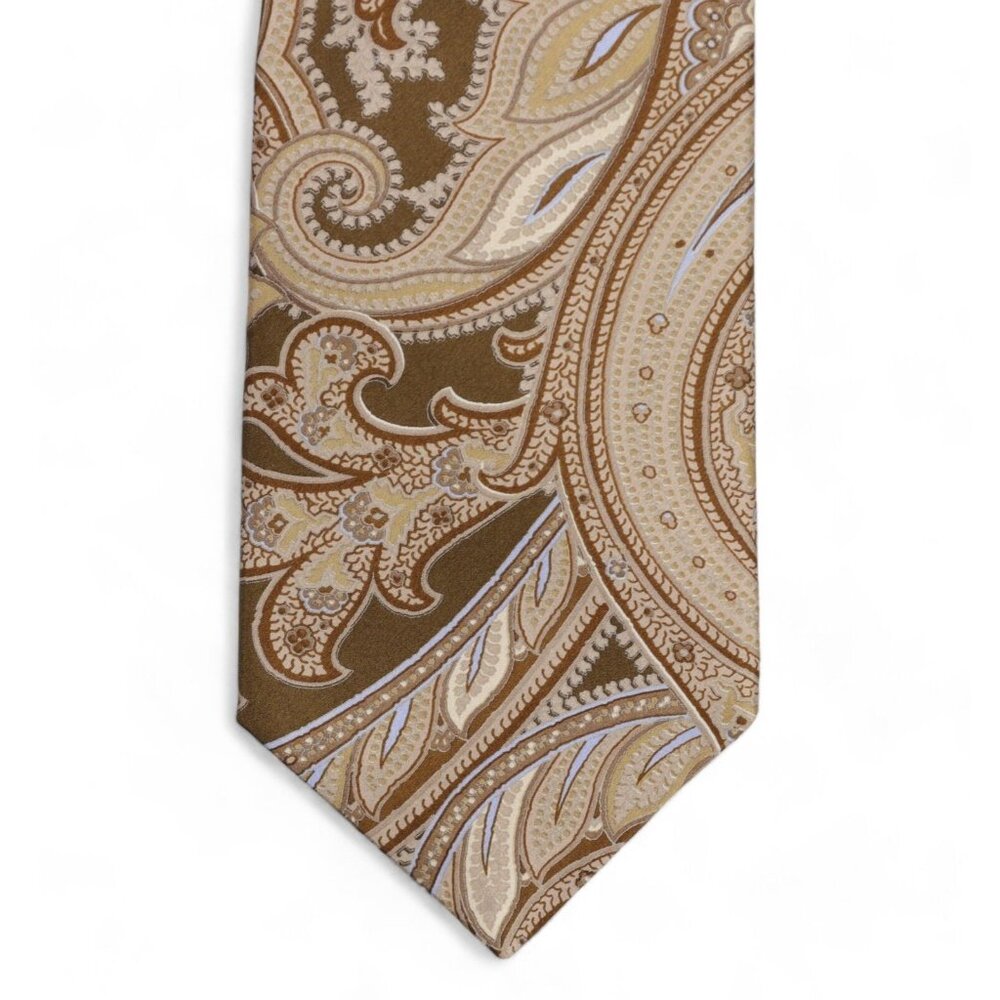 New IKE Behar 100% Silk Neck Tie Tan Blue Paisley Print Woven Made in USA NWT - Picture 2 of 8